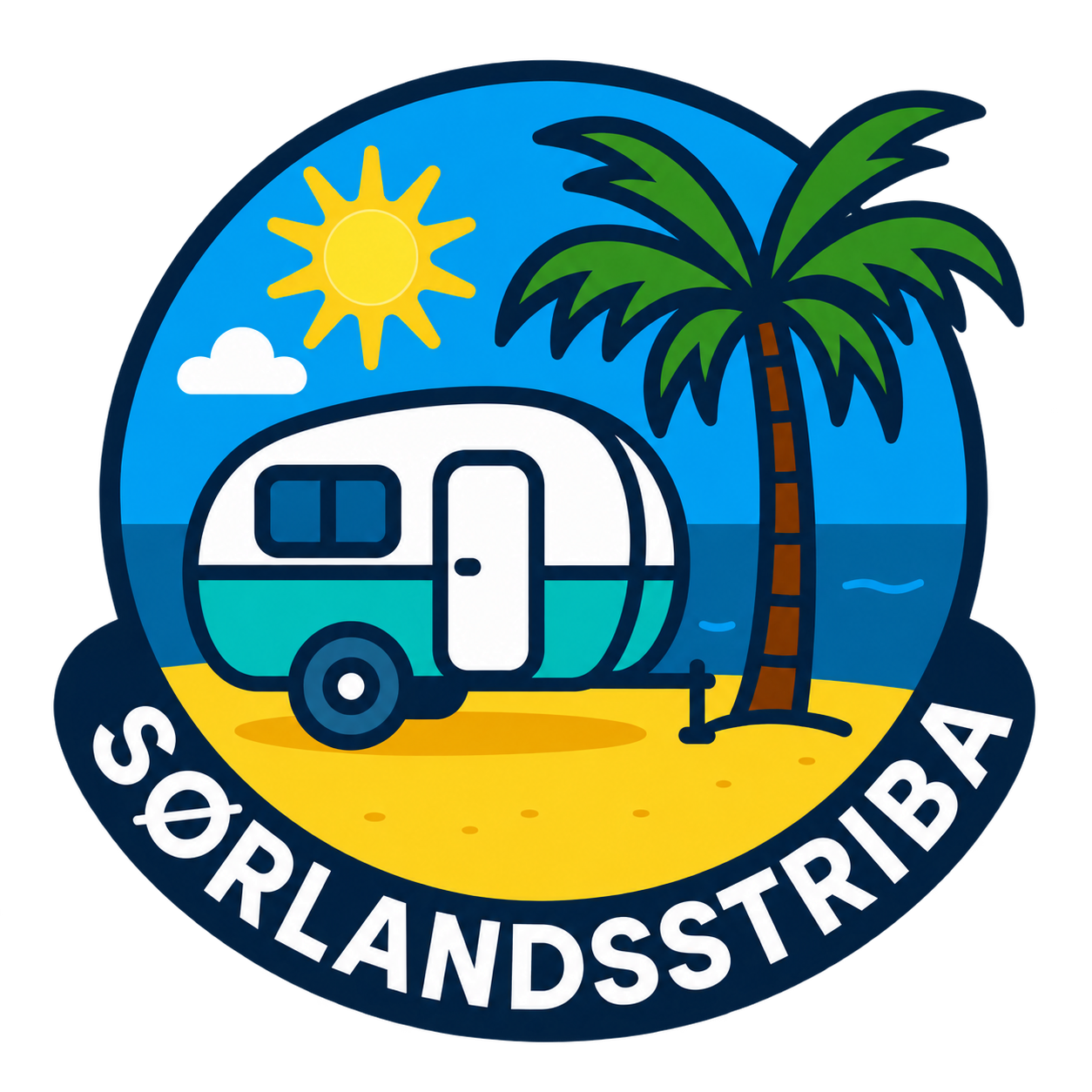 Sørlandsstribas logo: campingvogn, palme, sol og sjø